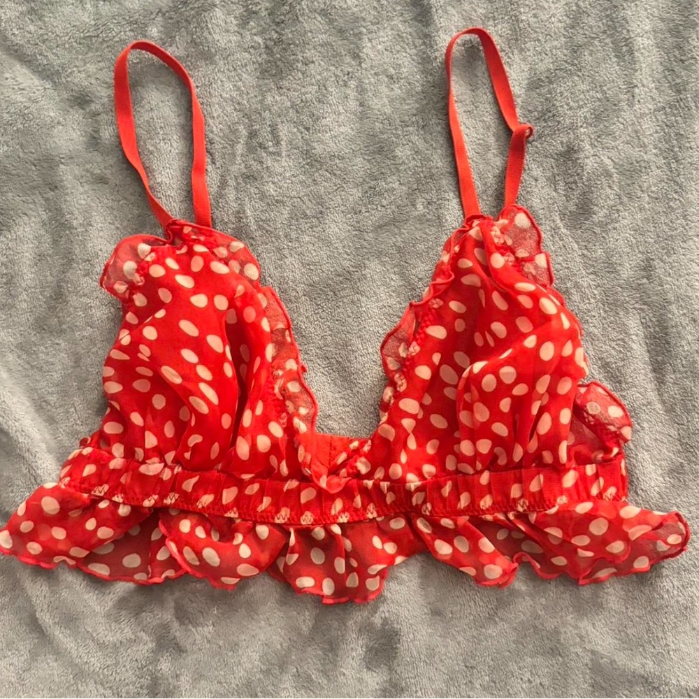 Blush Red Sheer Bralette with White Polka Dots